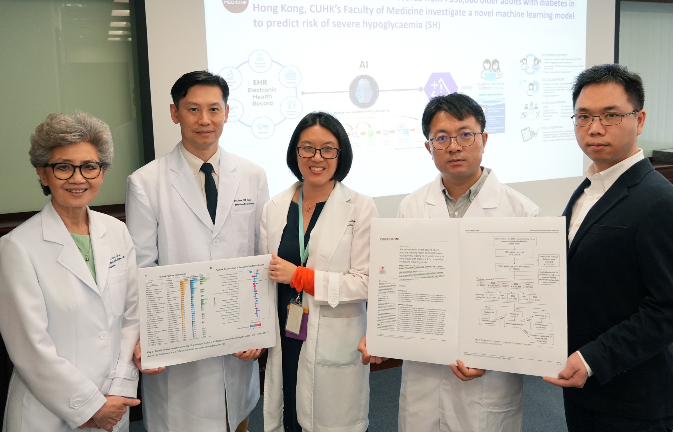 團隊成員包括（左起）：中大醫學院內科及藥物治療學講座教授陳重娥教授、威爾斯親王醫院內科及藥物治療學系顧問醫生陳俊文醫生、中大醫學院內科及藥物治療學系副教授周怡君醫生、研究助理教授楊愛民博士，及副研究員時麥博士。